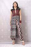 Niki Mahajan_Maroon Crepe Handblock Printed Traditional Plunge-v Kurta With Pant _Online_at_Aza_Fashions