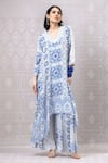 Buy_Niki Mahajan_Blue Crepe Hand Block Vintage V-neck Asymmetric Kurta With Pant _at_Aza_Fashions