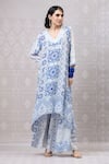 Niki Mahajan_Blue Crepe Hand Block Vintage V-neck Asymmetric Kurta With Pant _Online_at_Aza_Fashions