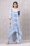 Buy_Niki Mahajan_Blue Crepe Hand Block Vintage V-neck Asymmetric Kurta With Pant _Online_at_Aza_Fashions