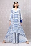 Shop_Niki Mahajan_Blue Crepe Hand Block Vintage V-neck Asymmetric Kurta With Pant _Online_at_Aza_Fashions