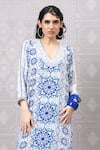 Niki Mahajan_Blue Crepe Hand Block Vintage V-neck Asymmetric Kurta With Pant _at_Aza_Fashions