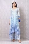 Buy_Niki Mahajan_Blue Crepe Hand Block Vintage Leaf Asymmetric Kurta With Pant _at_Aza_Fashions