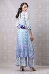 Shop_Niki Mahajan_Blue Crepe Hand Block Vintage Leaf Asymmetric Kurta With Pant _at_Aza_Fashions