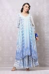 Niki Mahajan_Blue Crepe Hand Block Vintage Leaf Asymmetric Kurta With Pant _Online_at_Aza_Fashions