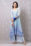 Shop_Niki Mahajan_Blue Crepe Hand Block Vintage Leaf Asymmetric Kurta With Pant _Online_at_Aza_Fashions