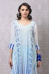 Niki Mahajan_Blue Crepe Hand Block Vintage Leaf Asymmetric Kurta With Pant _at_Aza_Fashions