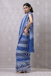 Shop_Niki Mahajan_Blue Georgette Hand Block Vintage Round Pre-draped Saree With Blouse _Online_at_Aza_Fashions