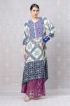 Buy_Niki Mahajan_Blue Crepe Hand Block Vintage Round Asymmetric Kurta With Skirt _at_Aza_Fashions