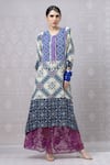 Shop_Niki Mahajan_Blue Crepe Hand Block Vintage Round Asymmetric Kurta With Skirt _at_Aza_Fashions