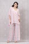 Shop_Niki Mahajan_Pink Crepe Hand Block Vintage U Neck Short Kaftan With Pant _Online_at_Aza_Fashions