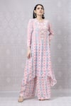 Buy_Niki Mahajan_Pink Crepe Hand Block Vintage Round Embroidered Asymmetric Kurta With Pant _at_Aza_Fashions