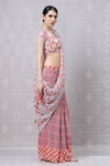 Buy_Niki Mahajan_Pink Georgette Hand Block Vintage V-neck Pre-draped Saree With Blouse _Online_at_Aza_Fashions