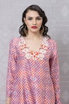 Shop_Niki Mahajan_Pink Crepe Hand Block Vintage V-neck Kurta Pant Set _Online_at_Aza_Fashions