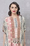 Niki Mahajan_Beige Crepe Hand Block Vintage Round Short Kaftan With Pant _at_Aza_Fashions