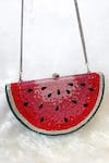 Shop_WAGON HORSE_Red Rhinestone Watermelon Shaped Bag _at_Aza_Fashions