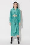 Buy_Twinkle Hanspal_Green Silk Collared Blake Draped Midi Shirt Dress _at_Aza_Fashions