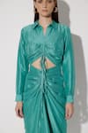 Twinkle Hanspal_Green Silk Collared Blake Draped Midi Shirt Dress _at_Aza_Fashions