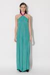 Buy_Twinkle Hanspal_Green Crepe Halter Julia Shirred Back Jumpsuit _at_Aza_Fashions