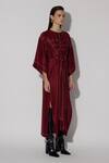 Buy_Twinkle Hanspal_Maroon Silk Embroidery Round Neck Audrey Side Slit Kaftan Dress_at_Aza_Fashions