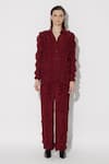 TWINKLE HANSPAL_Maroon Crepe Ruffle Collared Jolene Detailed Shirt With Pant _Online_at_Aza_Fashions