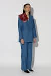 Shop_TWINKLE HANSPAL_Blue Denim Hand Embroidery Sequin Lapel Tiffany 3d Flower Blazer With Pant _Online_at_Aza_Fashions