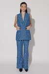 Buy_TWINKLE HANSPAL_Blue Denim Hand Embroidery Crystals Lapel Collar Glory Blazer With Pant _at_Aza_Fashions