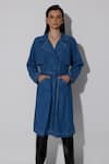 Buy_TWINKLE HANSPAL_Blue Denim Embroidery Thread Lapel Collar Ezra Flap Trench Coat _at_Aza_Fashions