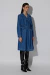 TWINKLE HANSPAL_Blue Denim Embroidery Thread Lapel Collar Ezra Flap Trench Coat _Online_at_Aza_Fashions