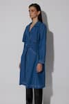 Shop_TWINKLE HANSPAL_Blue Denim Embroidery Thread Lapel Collar Ezra Flap Trench Coat _Online_at_Aza_Fashions