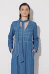 Twinkle Hanspal_Blue Denim Embroidery Thread V-neck Celia Overstitch Dress _at_Aza_Fashions