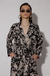 TWINKLE HANSPAL_Black Crepe Print Floral Lapel Collar Eugene Flap Trench Coat _Online_at_Aza_Fashions