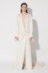 Twinkle Hanspal_Ivory Linen Satin Collar Heidi High Slit Draped Trail Dress _Online_at_Aza_Fashions