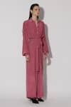 Buy_TWINKLE HANSPAL_Pink Crepe Collar Sarah Overlap Wrap Drawstring Jumpsuit _Online_at_Aza_Fashions