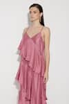 Buy_TWINKLE HANSPAL_Pink Silk V-neck Pixie Ruffle Panelled Dress 