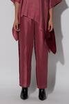 TWINKLE HANSPAL_Maroon Silk Collar Jasper Color Block Asymmetric Shirt With Pant _Online_at_Aza_Fashions