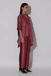 Buy_Twinkle Hanspal_Maroon Silk Collar Jasper Color Block Asymmetric Shirt With Pant _Online_at_Aza_Fashions