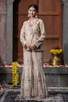 Buy_Farha Syed_Beige Chanderi Silk Tissue Embroidered Bead Rose Vine Blazer And Sharara Set _at_Aza_Fashions