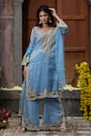 Buy_Farha Syed_Blue Kurta And Palazzo Chanderi Silk Tissue Embroidered Bead Floral Vine Set _at_Aza_Fashions