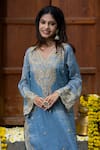 Shop_Farha Syed_Blue Kurta And Palazzo Chanderi Silk Tissue Embroidered Bead Floral Vine Set _Online_at_Aza_Fashions