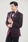 Aryavir Malhotra_Maroon Japanese Poly Silk Embroidered Floral Bead Front Tuxedo Set With Bow _Online_at_Aza_Fashions