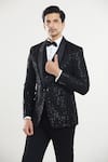 Buy_Aryavir Malhotra_Black Velvet Embroidered Sequin Shawl Collar Tuxedo Set With Bow _Online_at_Aza_Fashions