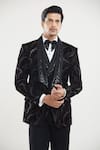 Buy_Aryavir Malhotra_Black Poly Silk Abstract Pattern Tuxedo Set With Bow _Online_at_Aza_Fashions