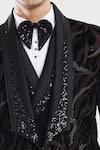 Shop_Aryavir Malhotra_Black Poly Silk Abstract Pattern Tuxedo Set With Bow _Online_at_Aza_Fashions