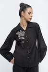 ABRAHAM AND THAKORE_Black Chanderi Embroidery Floral Collared Neck Placement Shirt _Online_at_Aza_Fashions