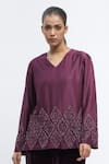 Abraham & Thakore_Purple Chanderi Embroidery Sequins V Neck Harlequin Top _Online_at_Aza_Fashions