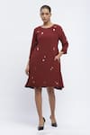 Buy_Abraham & Thakore_Maroon Crepe Embroidered Pearl Round Rhinestone Embellished Dress _at_Aza_Fashions