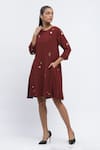 Abraham & Thakore_Maroon Crepe Embroidered Pearl Round Rhinestone Embellished Dress _Online_at_Aza_Fashions