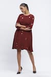 Shop_Abraham & Thakore_Maroon Crepe Embroidered Pearl Round Rhinestone Embellished Dress _Online_at_Aza_Fashions