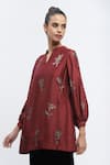 ABRAHAM AND THAKORE_Burgundy Chanderi Embroidered Sequin Notched Mandarin Collar Butta Top _Online_at_Aza_Fashions